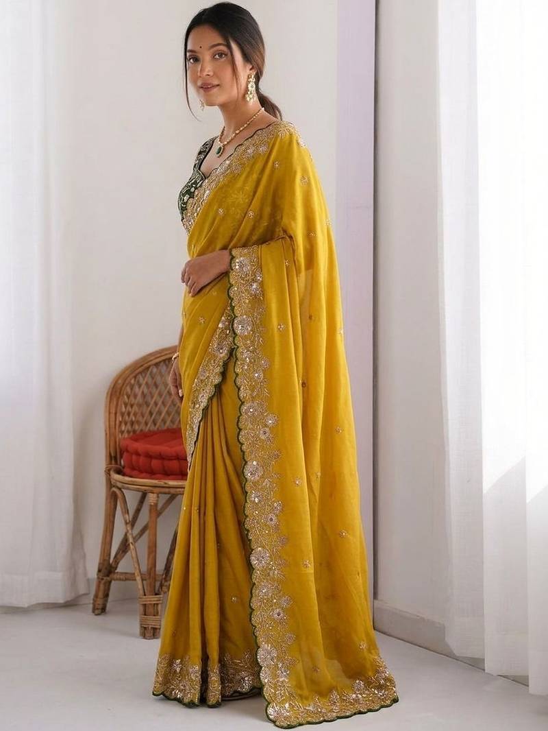 Yellow embellished embroidered pure georgette heavy work saree