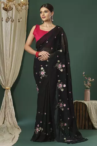 Black floral embroidered saree