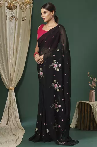 Black floral embroidered saree