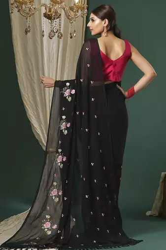 Black floral embroidered saree