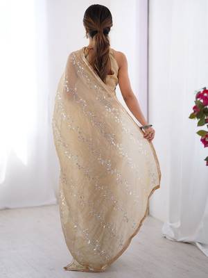 Cream embroidered sequinned saree with blouse piece 3