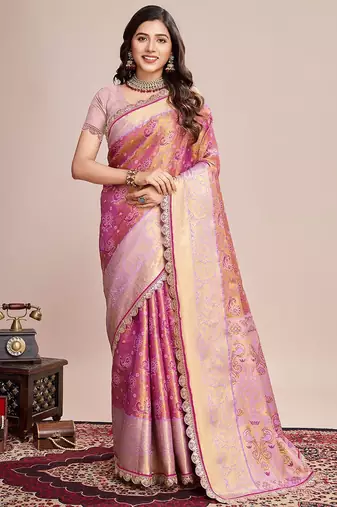 Pink woven design zari silk blend kanjeevaram saree