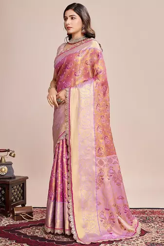 Pink woven design zari silk blend kanjeevaram saree