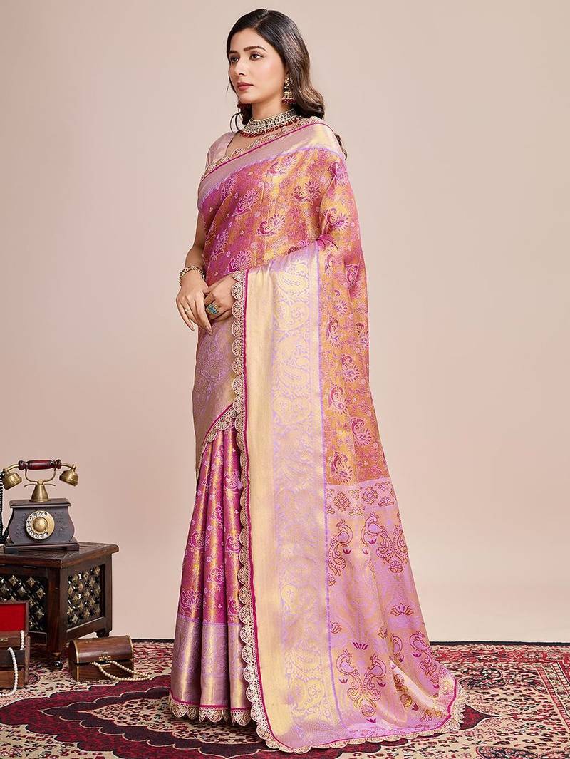 Pink woven design zari silk blend kanjeevaram saree