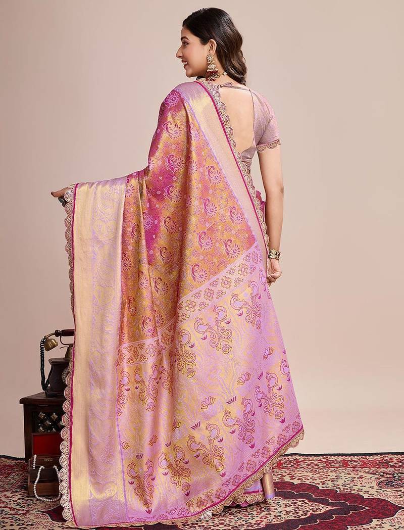 Pink woven design zari silk blend kanjeevaram saree