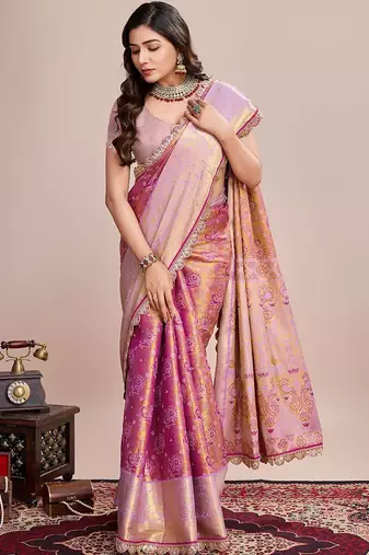Pink woven design zari silk blend kanjeevaram saree