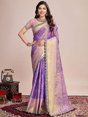 Purple ethnic motifs woven design kanjeevaram saree 1