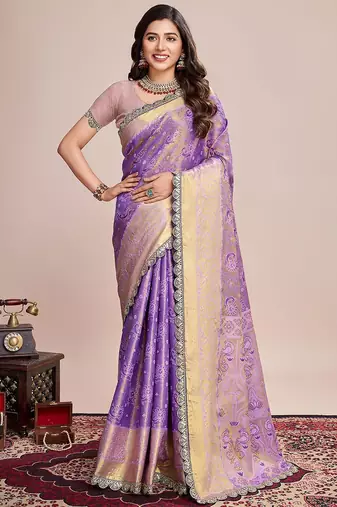 Purple ethnic motifs woven design kanjeevaram saree