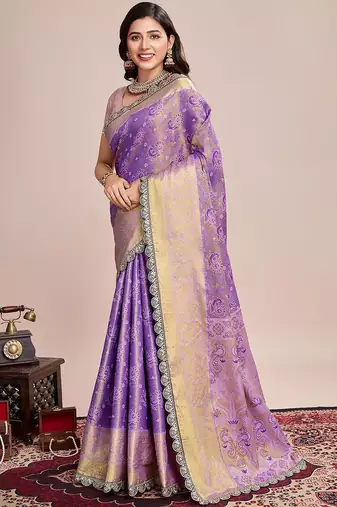 Purple ethnic motifs woven design kanjeevaram saree