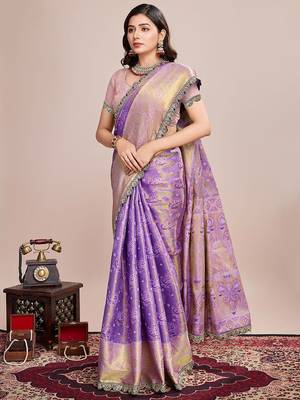 Purple ethnic motifs woven design kanjeevaram saree 4