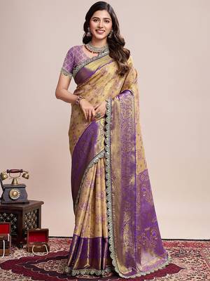Beige woven design embroidered saree with unstitched blouse piece 1