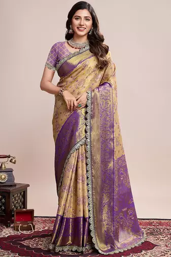 Beige woven design embroidered saree with unstitched blouse piece