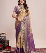 Beige woven design embroidered saree with unstitched blouse piece
