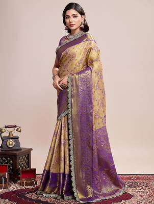Beige woven design embroidered saree with unstitched blouse piece 2