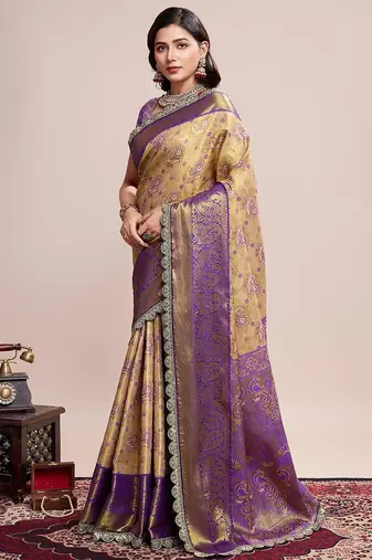 Beige woven design embroidered saree with unstitched blouse piece