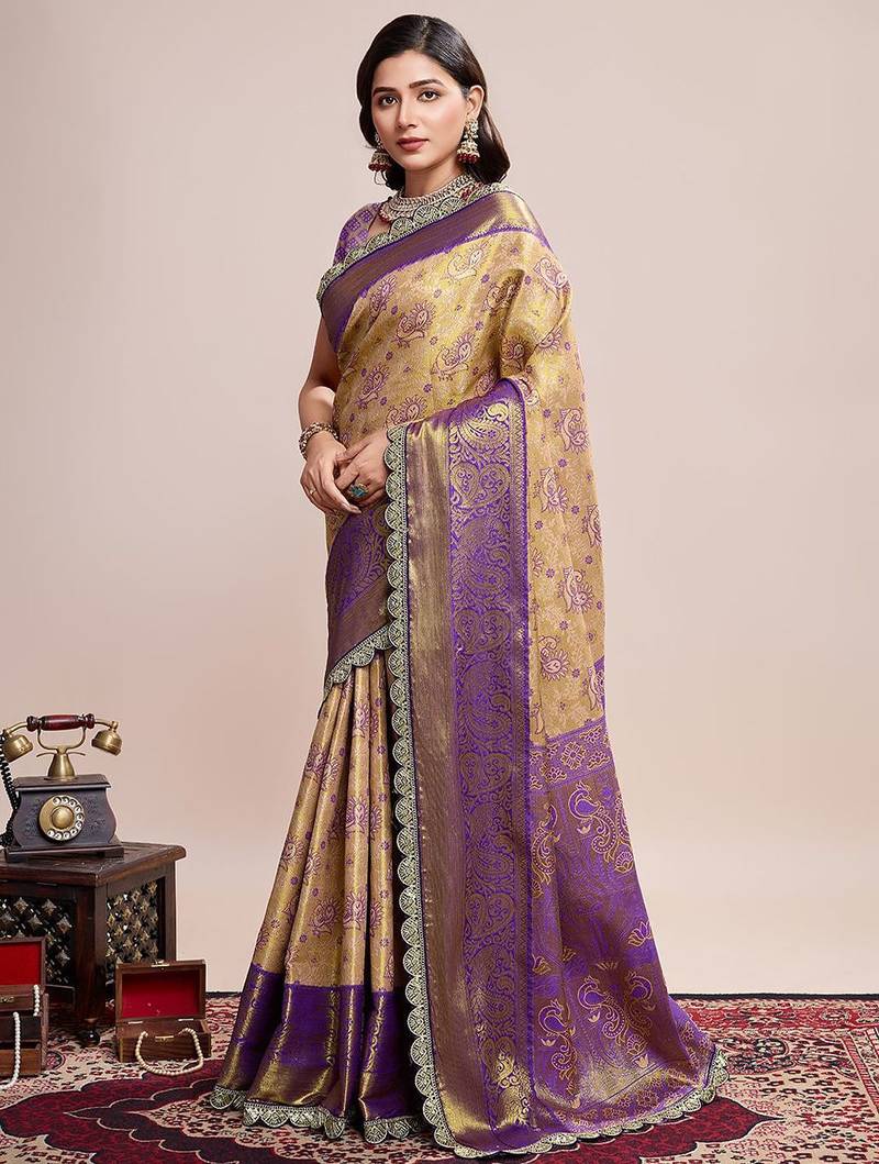 Beige woven design embroidered saree with unstitched blouse piece