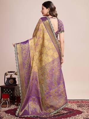 Beige woven design embroidered saree with unstitched blouse piece 3