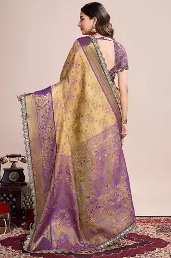 Beige woven design embroidered saree with unstitched blouse piece