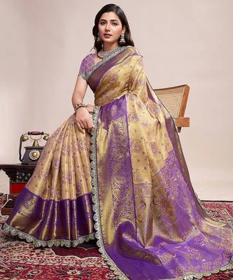 Beige woven design embroidered saree with unstitched blouse piece 4
