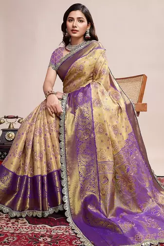 Beige woven design embroidered saree with unstitched blouse piece