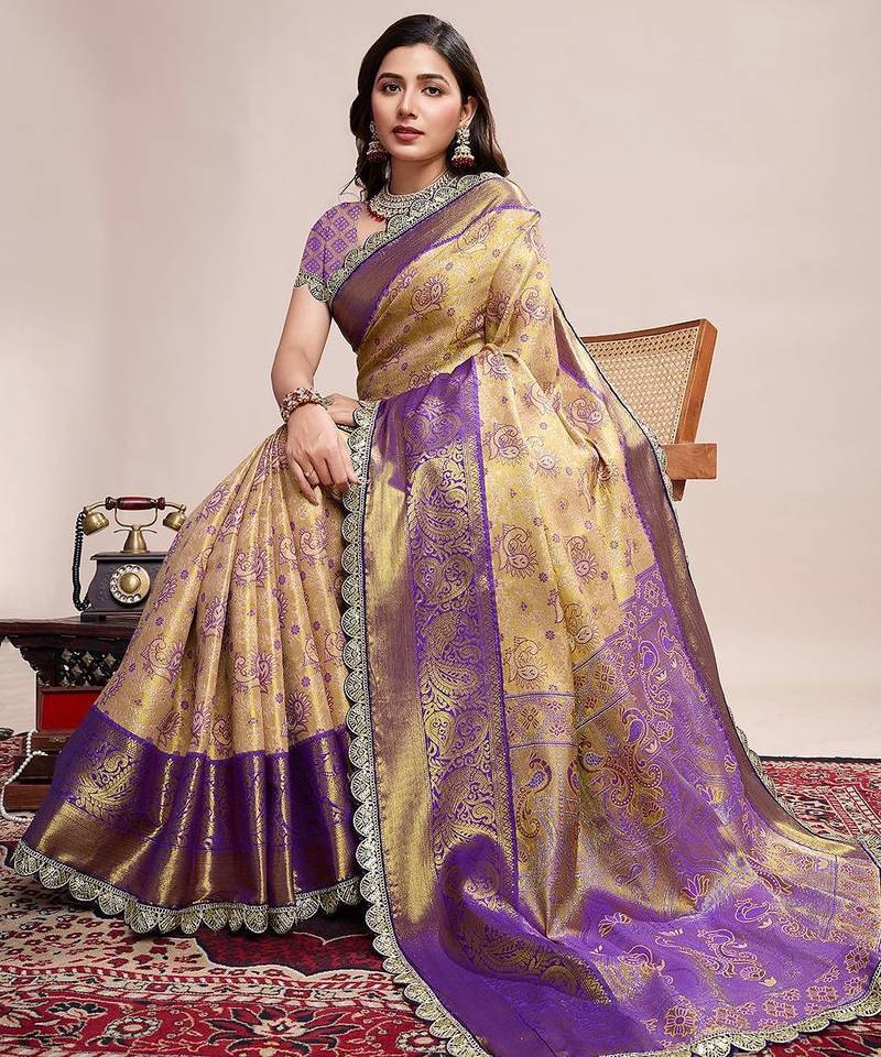 Beige woven design embroidered saree with unstitched blouse piece