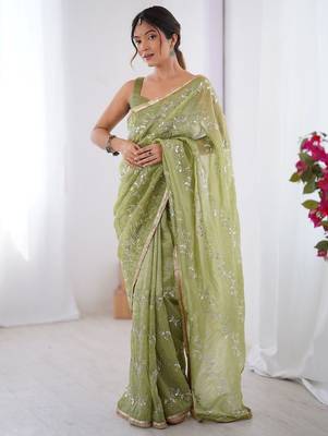 Green women ethnic motifs embroidered beads and stones embellished saree 1
