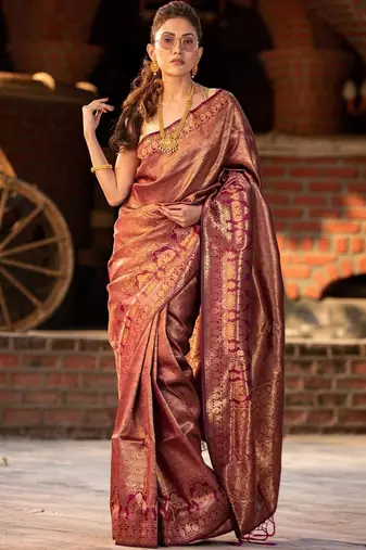 Purple embellished zari heavy work kanjeevaram saree
