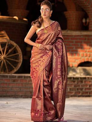Purple embellished zari heavy work kanjeevaram saree 2