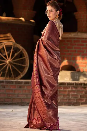 Purple embellished zari heavy work kanjeevaram saree
