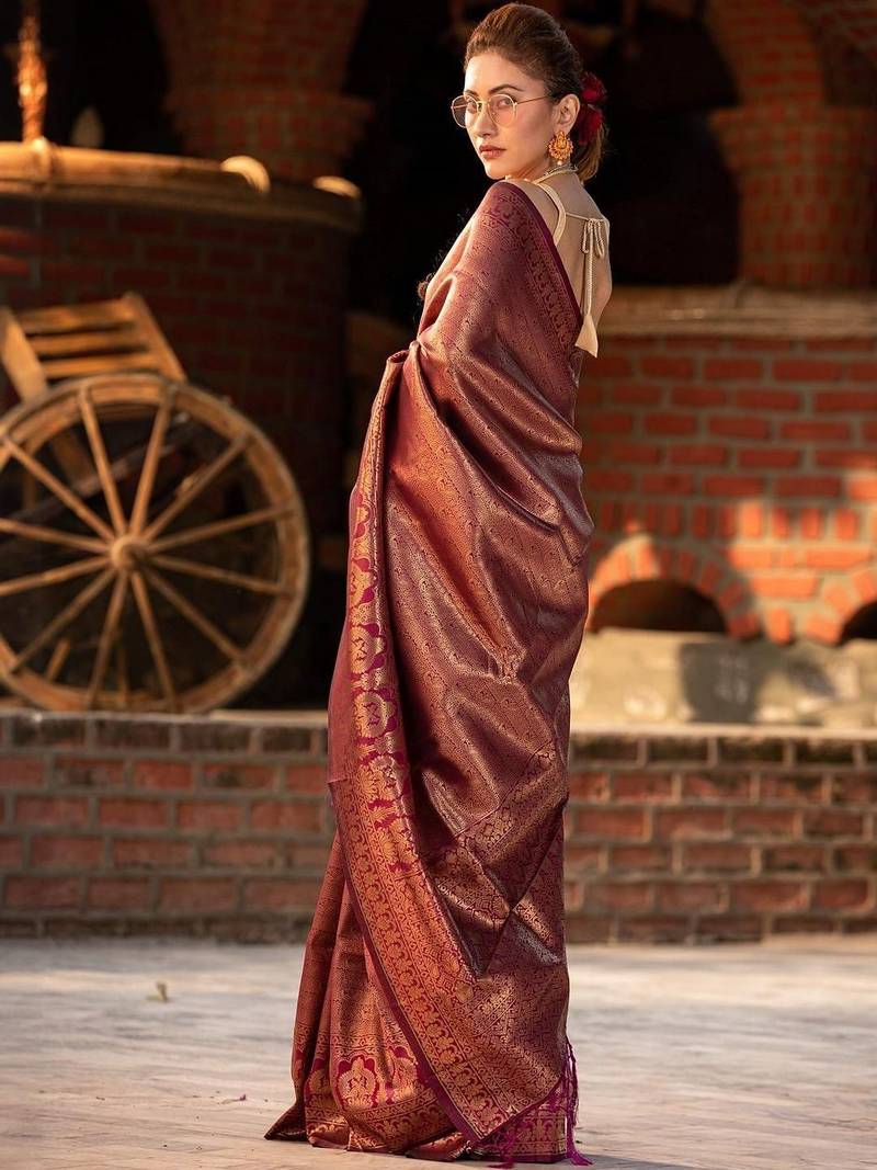 Purple embellished zari heavy work kanjeevaram saree