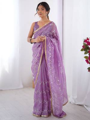 Lavender embellished emboridered beads and stones saree 1