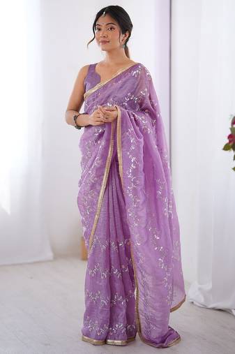 Lavender embellished emboridered beads and stones saree