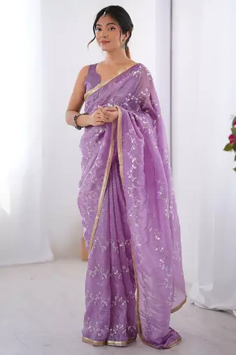 Lavender embellished emboridered beads and stones saree