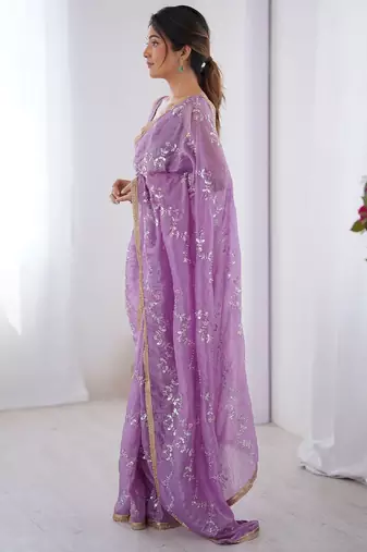 Lavender embellished emboridered beads and stones saree