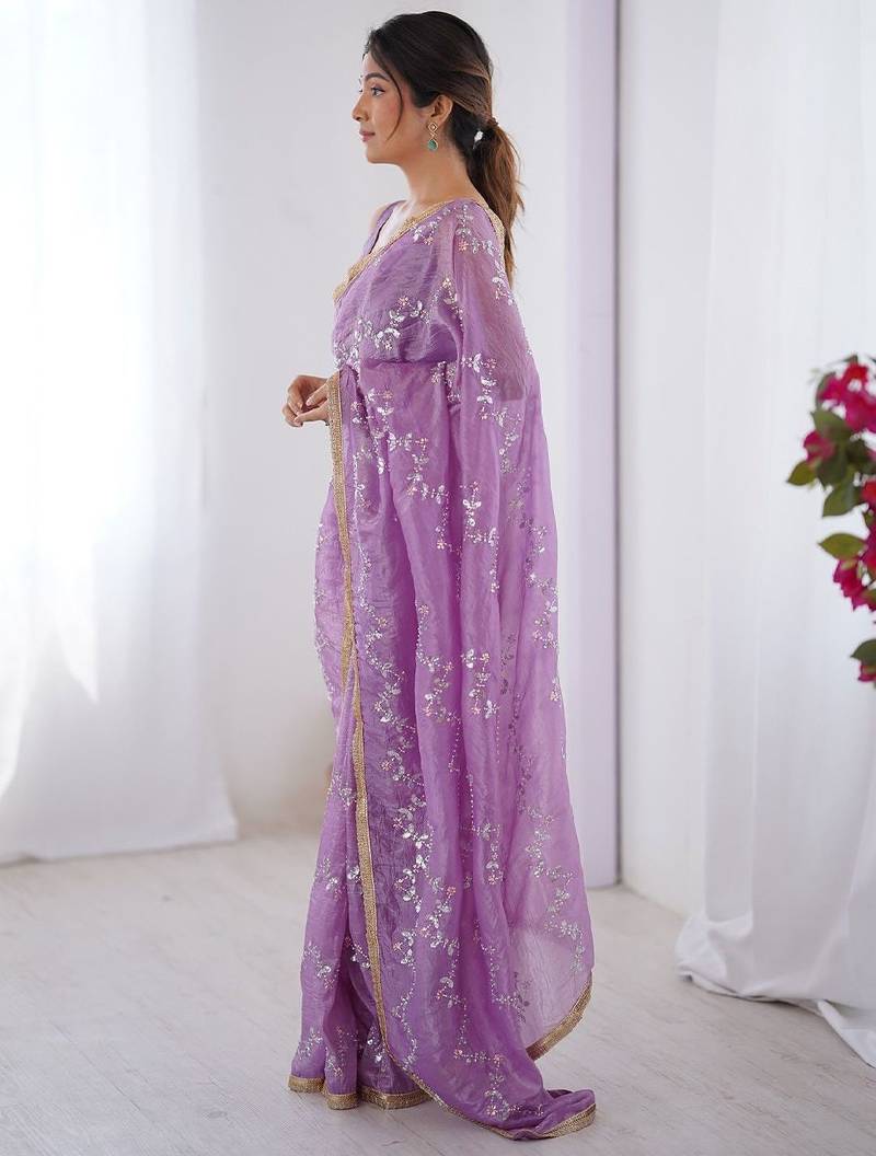 Lavender embellished emboridered beads and stones saree