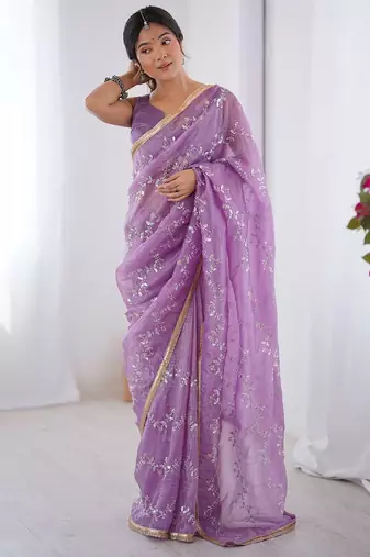 Lavender embellished emboridered beads and stones saree