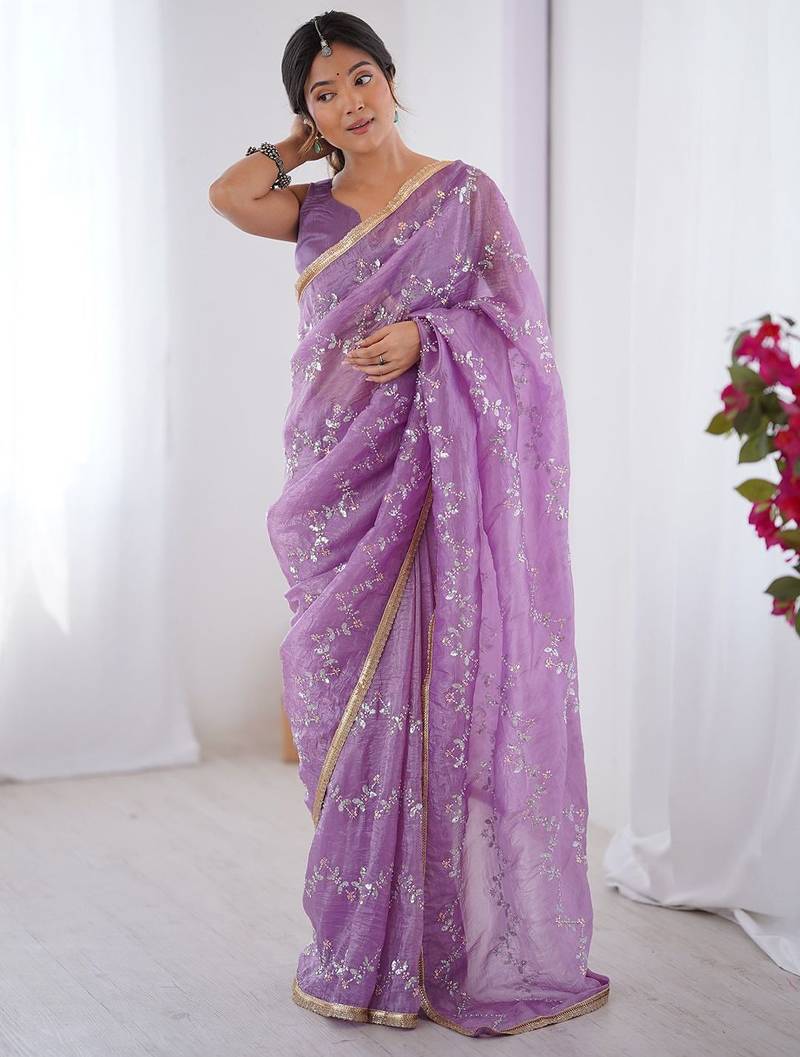 Lavender embellished emboridered beads and stones saree