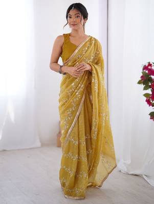 Mustard embellished sequined embroidered saree 1