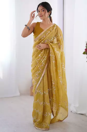 Mustard embellished sequined embroidered saree