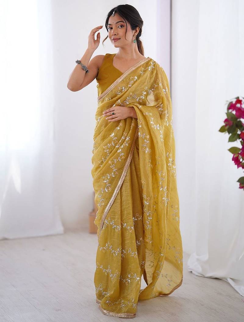 Mustard embellished sequined embroidered saree