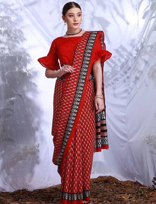 Red floral printed art silk dabu saree 1