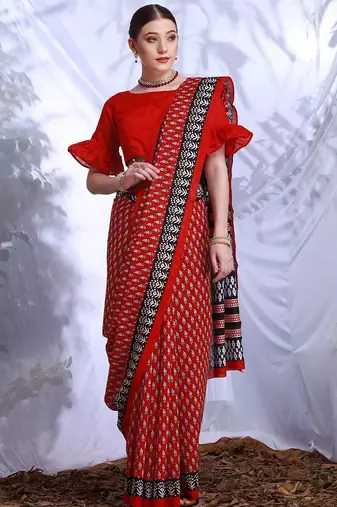 Red floral printed art silk dabu saree