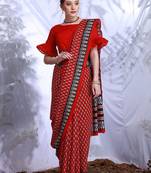 Red floral printed art silk dabu saree
