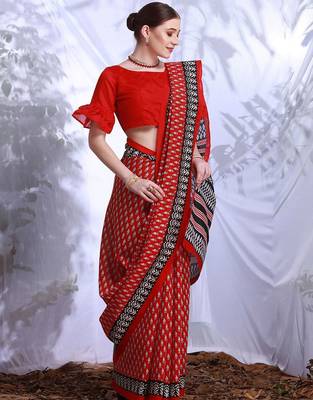 Red floral printed art silk dabu saree 2