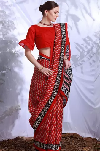 Red floral printed art silk dabu saree