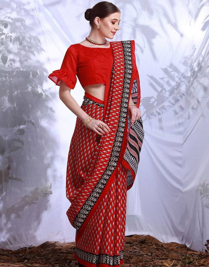 Red floral printed art silk dabu saree