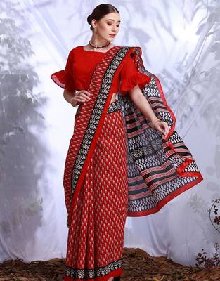Red floral printed art silk dabu saree 3