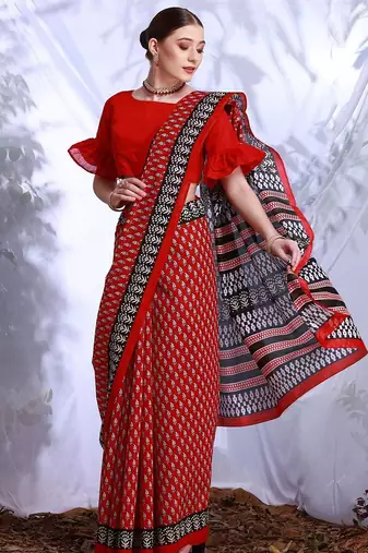 Red floral printed art silk dabu saree