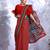 Red floral printed art silk dabu saree