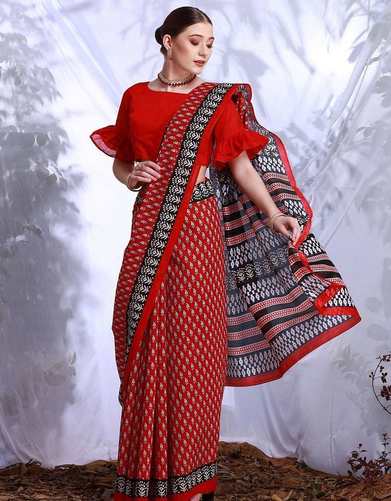Red floral printed art silk dabu saree